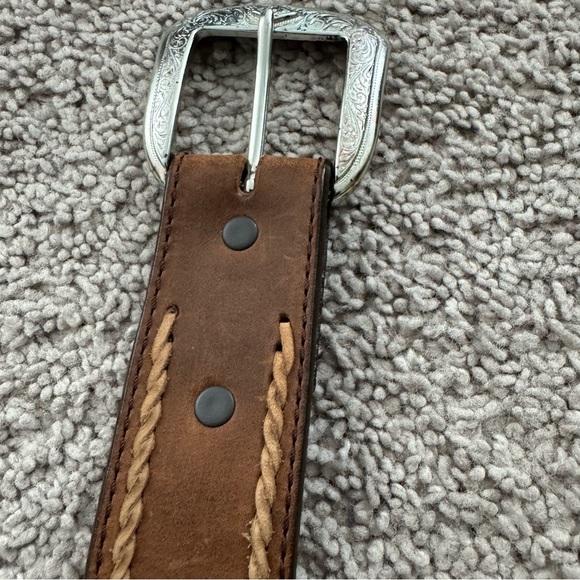 Justin Top Grain Cowhide Brown Leather Belt Womens Size 30 Woven Western Rodeo - Picture 6 of 14